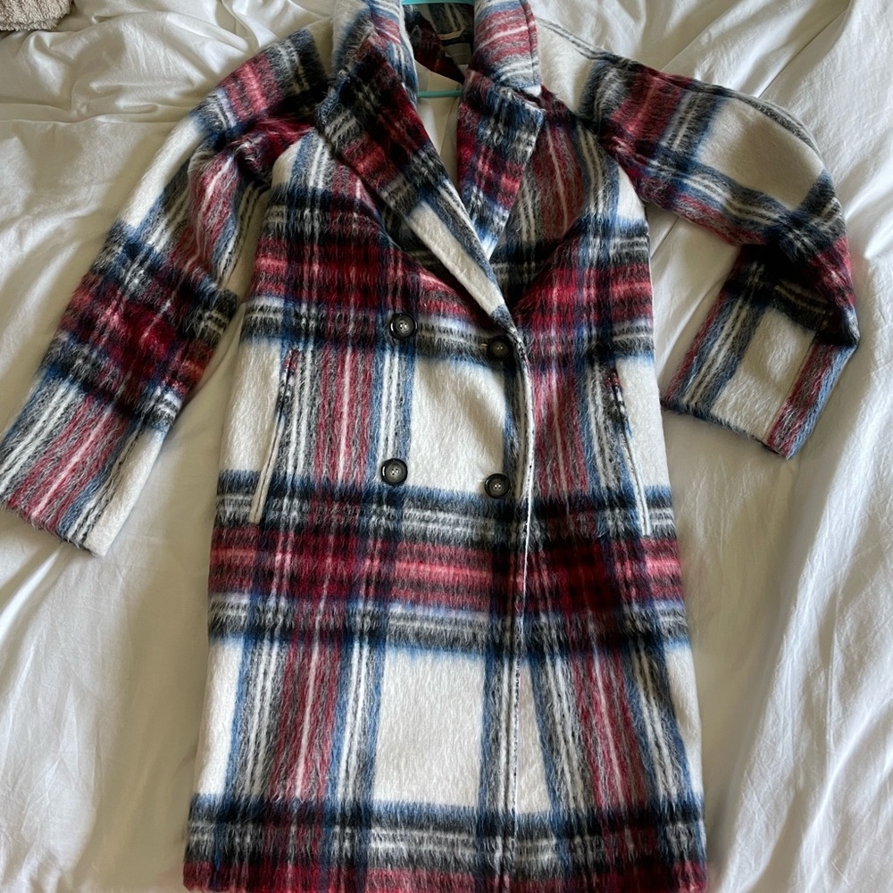 ASOS gorgeous oversized soft plaid red blue wool winter coat double breasted 2